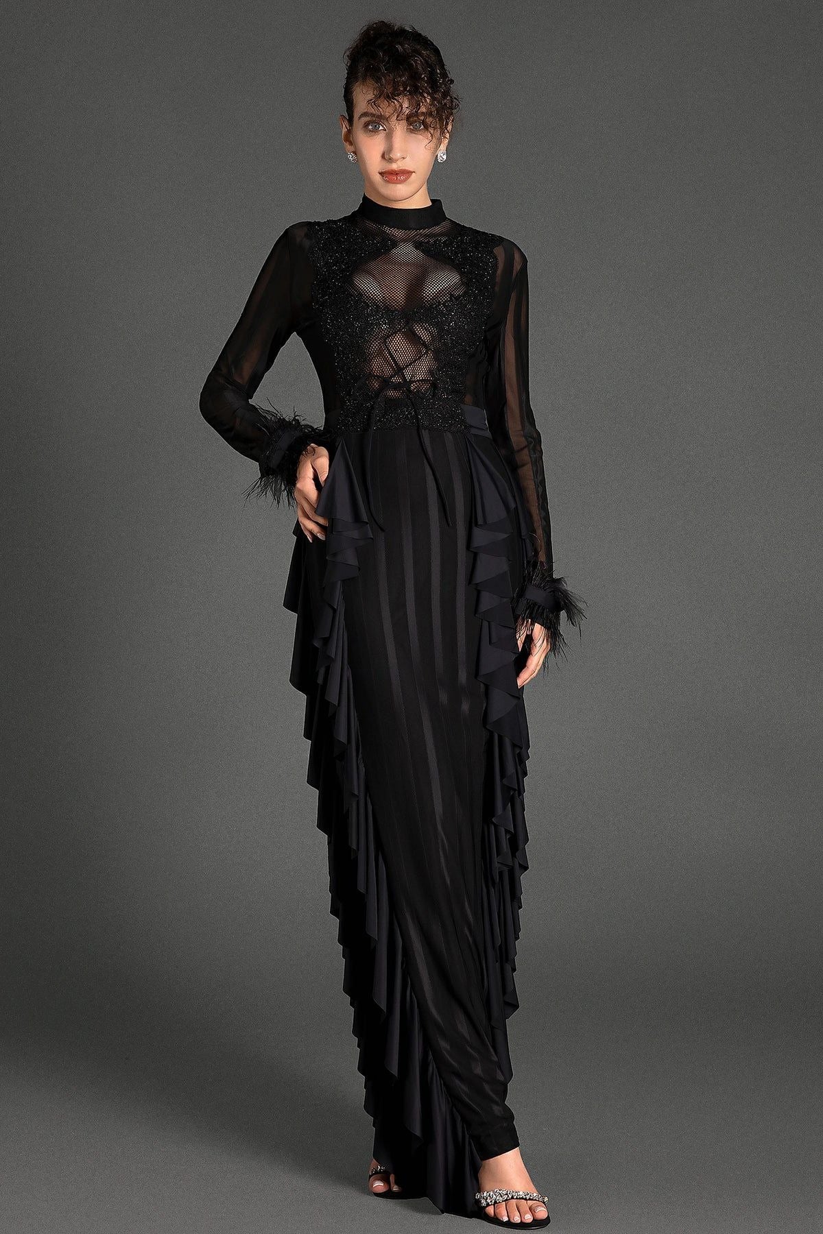 Belsune Long-Sleeve Lace Maxi Dress In Black