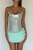 Quivyx Sequin Floral Draped Corset Mini Dress In Green