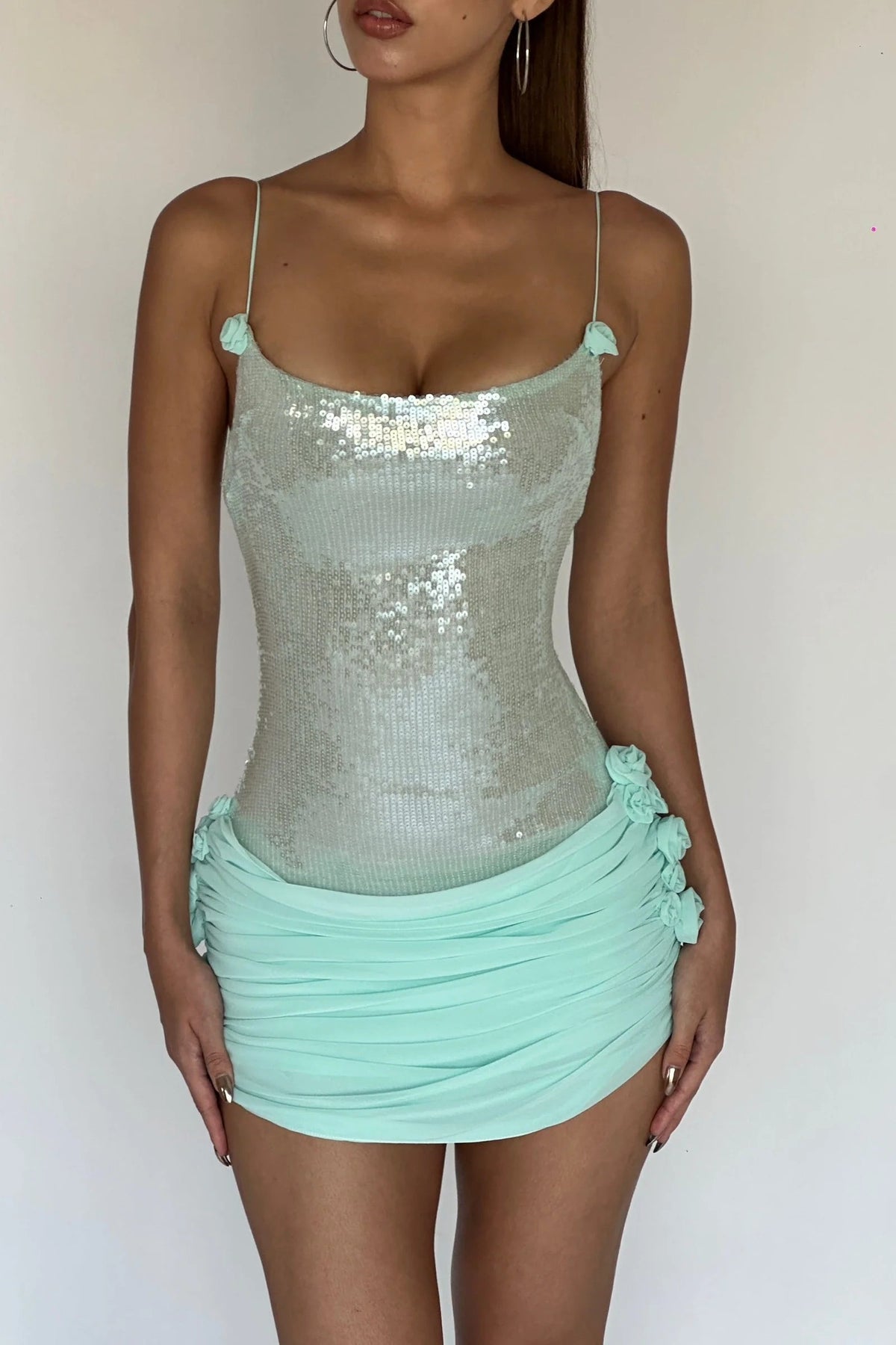 Quivyx Sequin Floral Draped Corset Mini Dress In Green