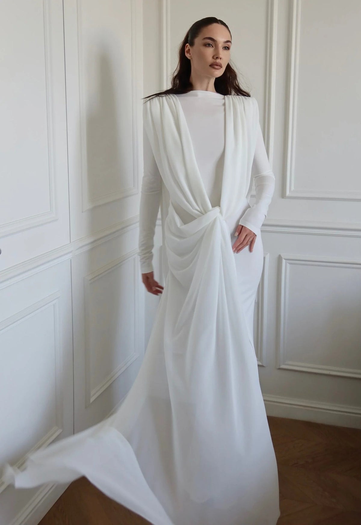 Drynthos Long Sleeve Draped Design Maxi Dress In White
