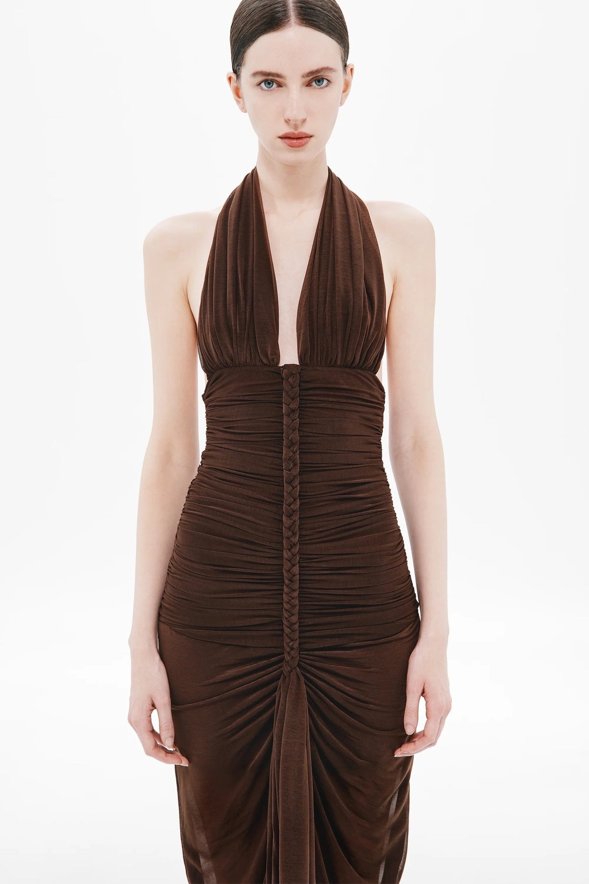 Elnyxa Halter Braid Detail Ruched Maxi Dress