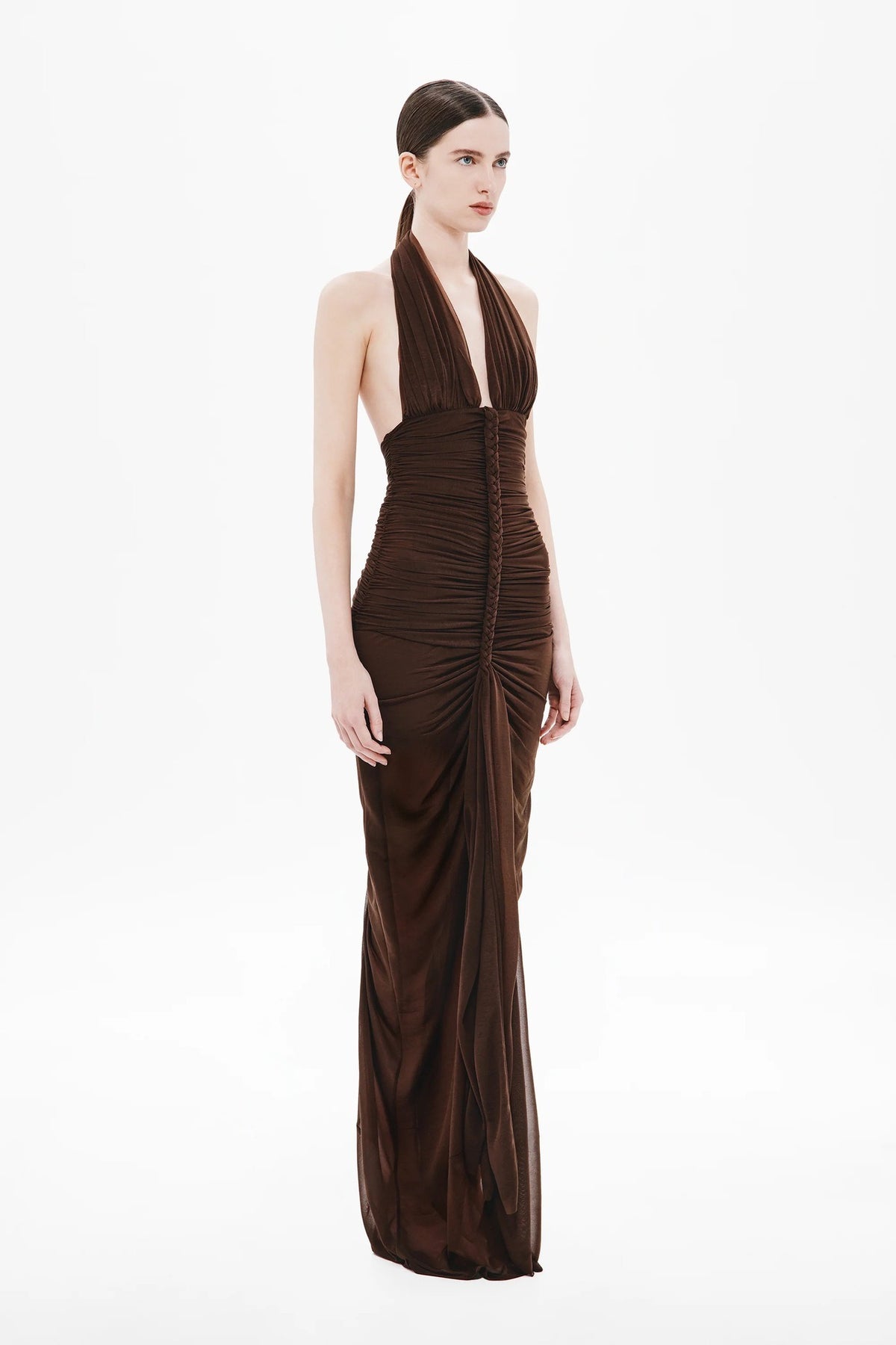 Elnyxa Halter Braid Detail Ruched Maxi Dress