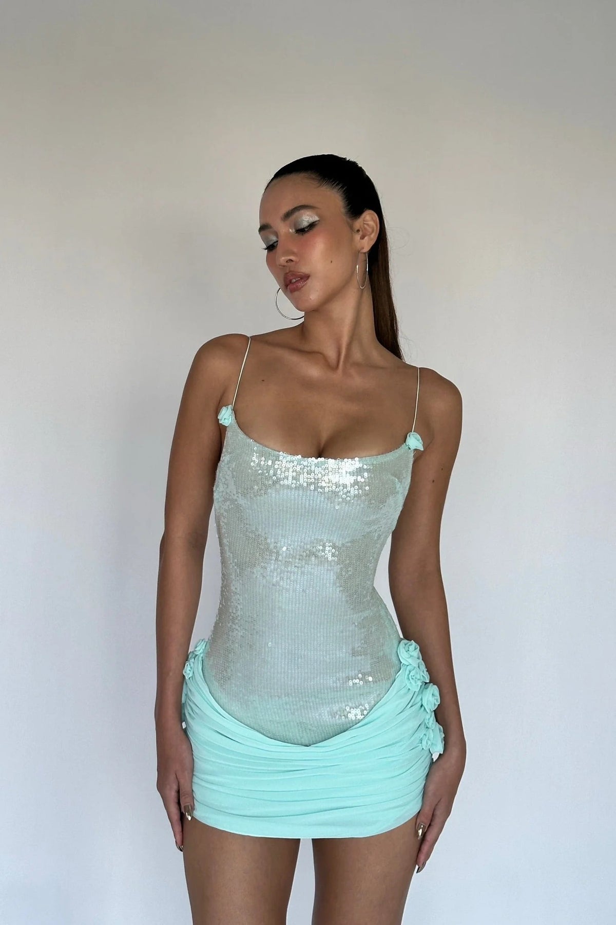 Quivyx Sequin Floral Draped Corset Mini Dress In Green