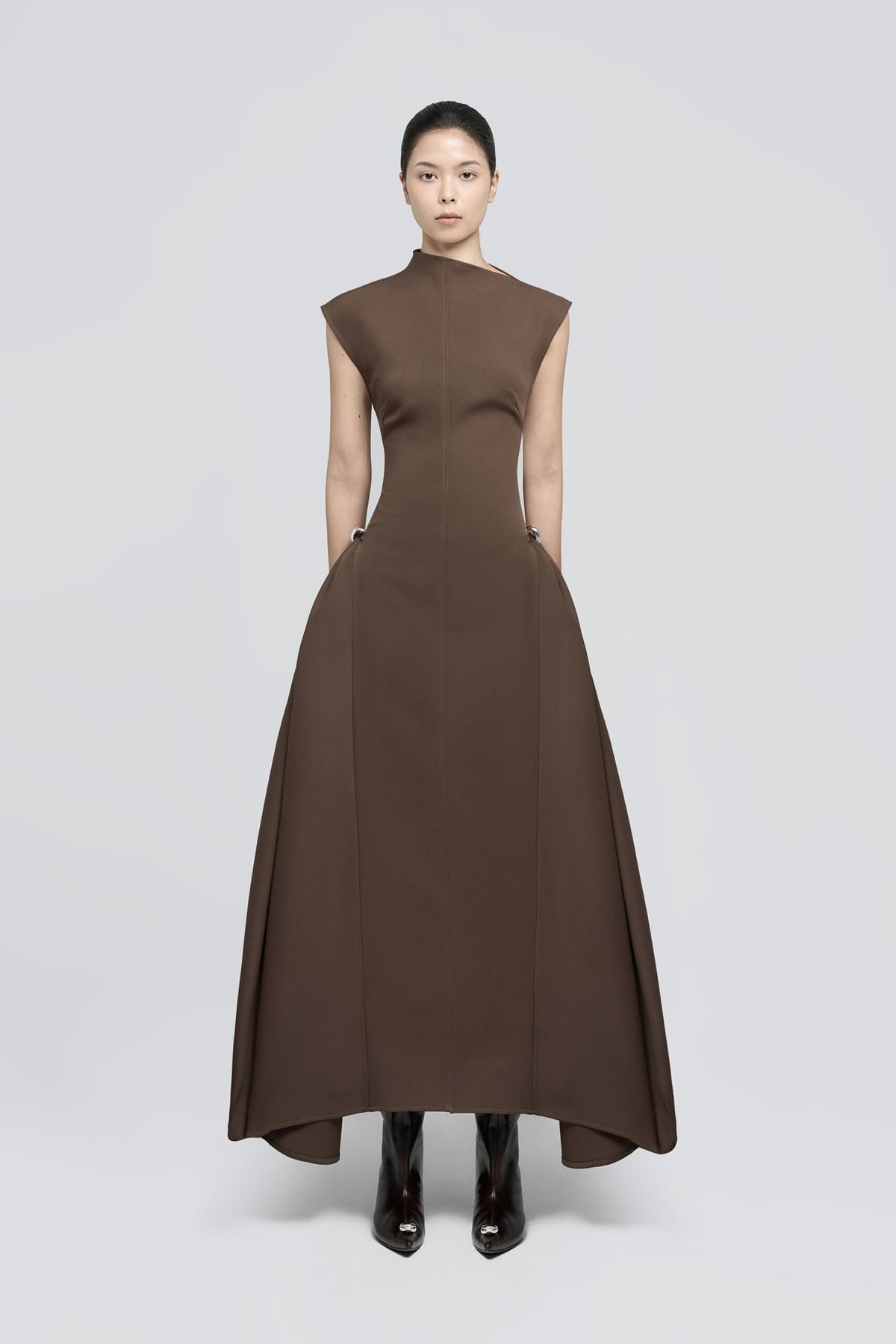 Quintus Sleeveless Irregular Hem Maxi Dress In Brown