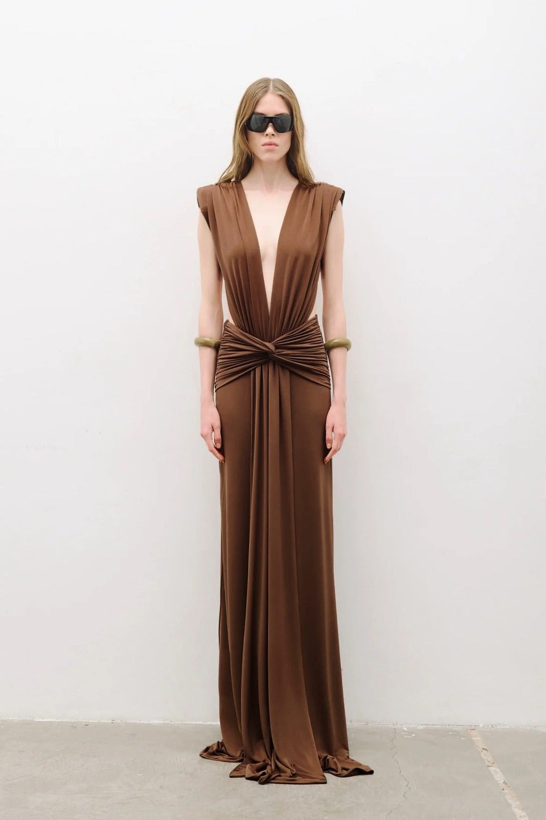 Velythar Gathered Sleeveless Deep V Maxi Dress