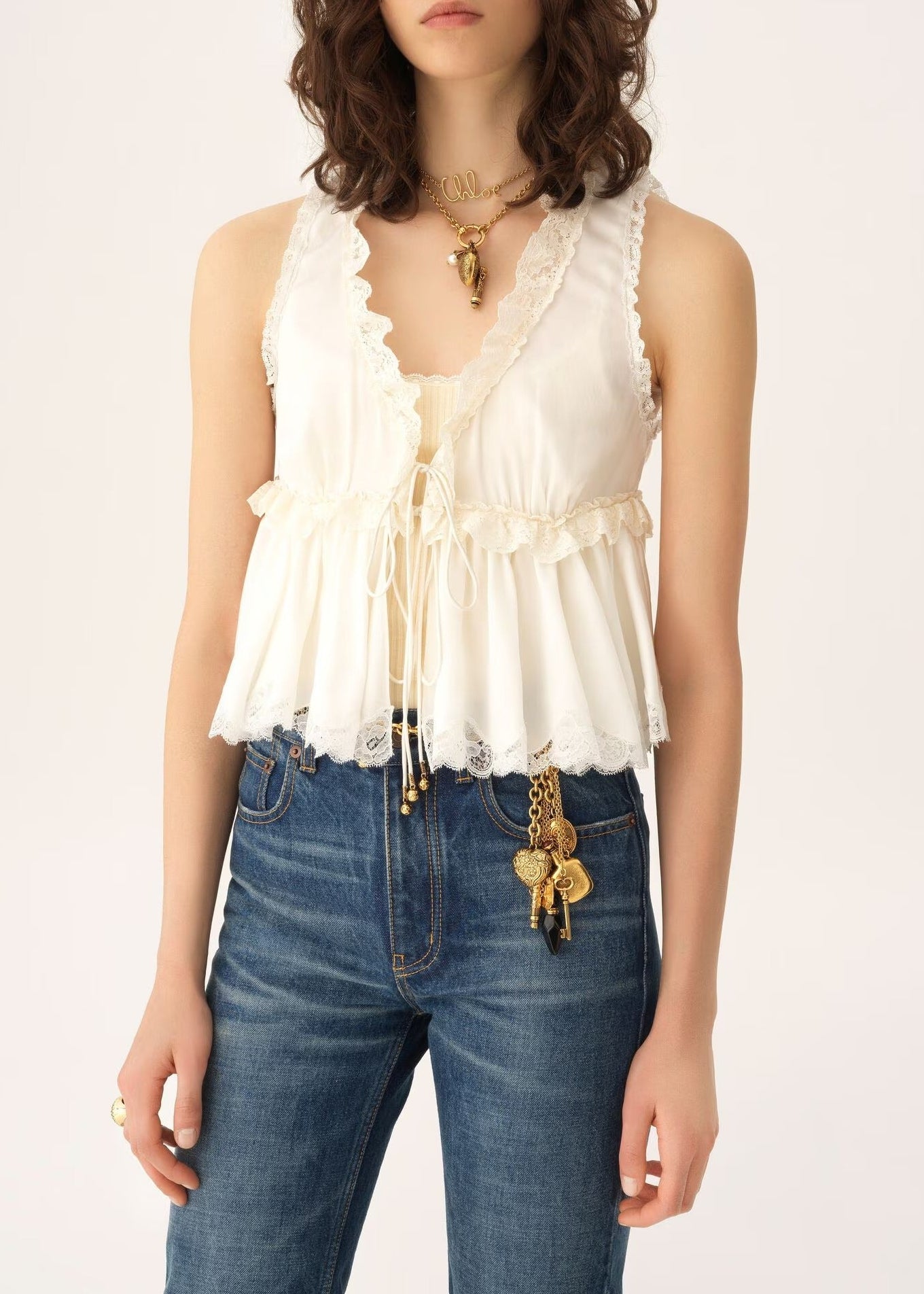 Serano White Self-Tie Lace Panel Satin Top