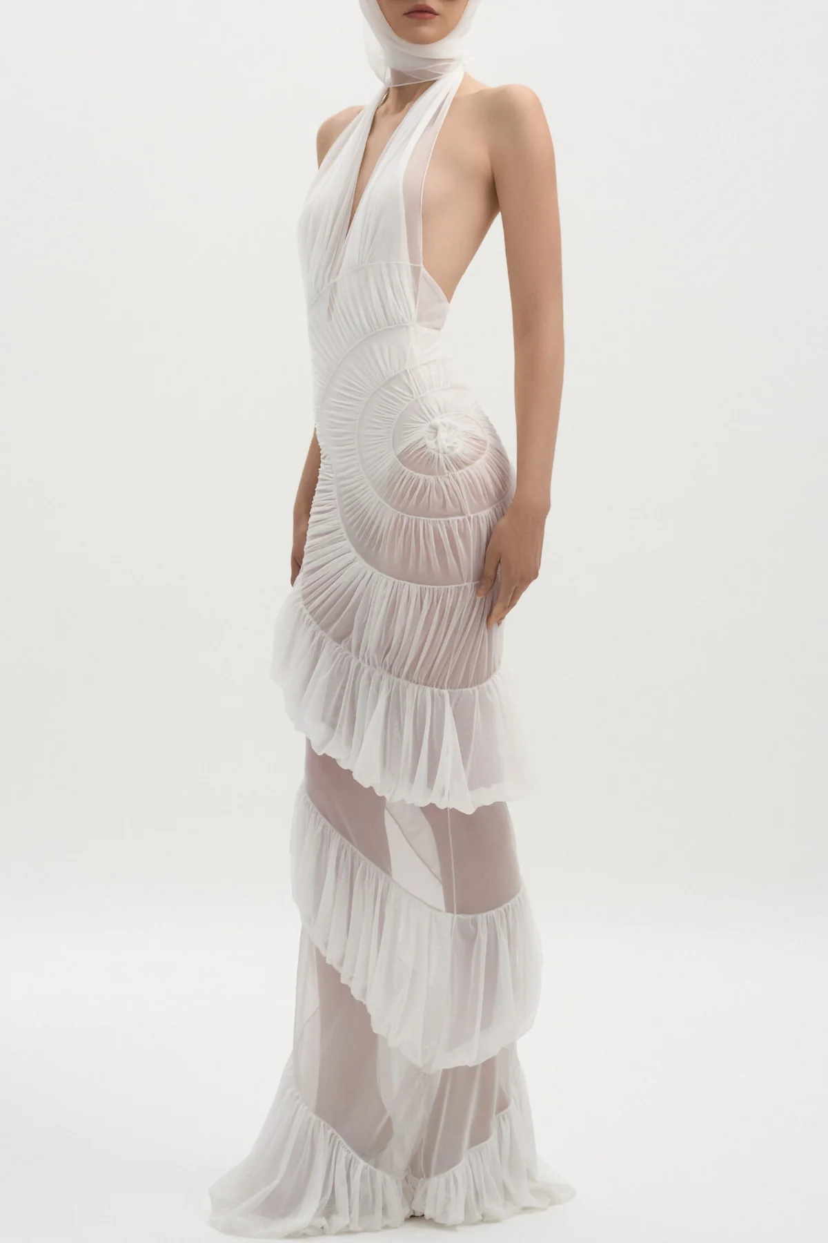 Rohak Halter Ruched Ruffle Maxi Dress In White