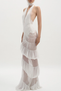 Rohak Halter Ruched Ruffle Maxi Dress In White