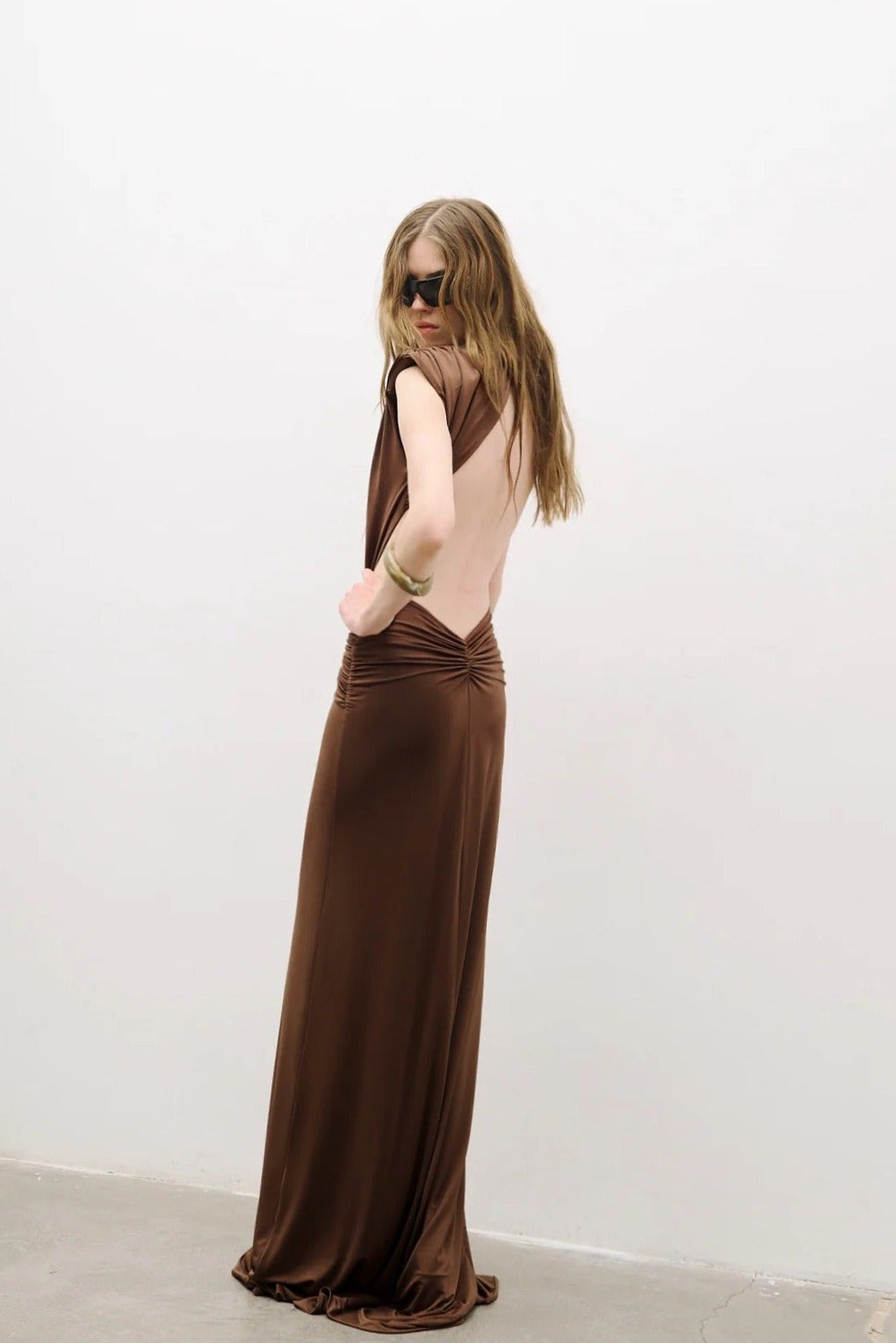 Velythar Gathered Sleeveless Deep V Maxi Dress
