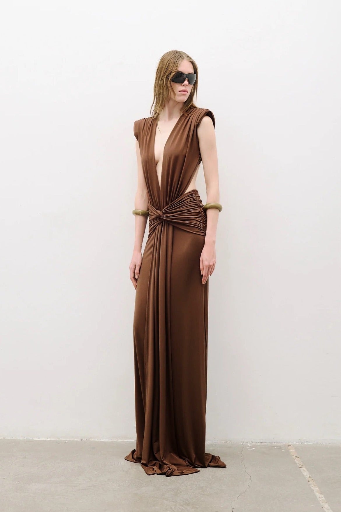Velythar Gathered Sleeveless Deep V Maxi Dress