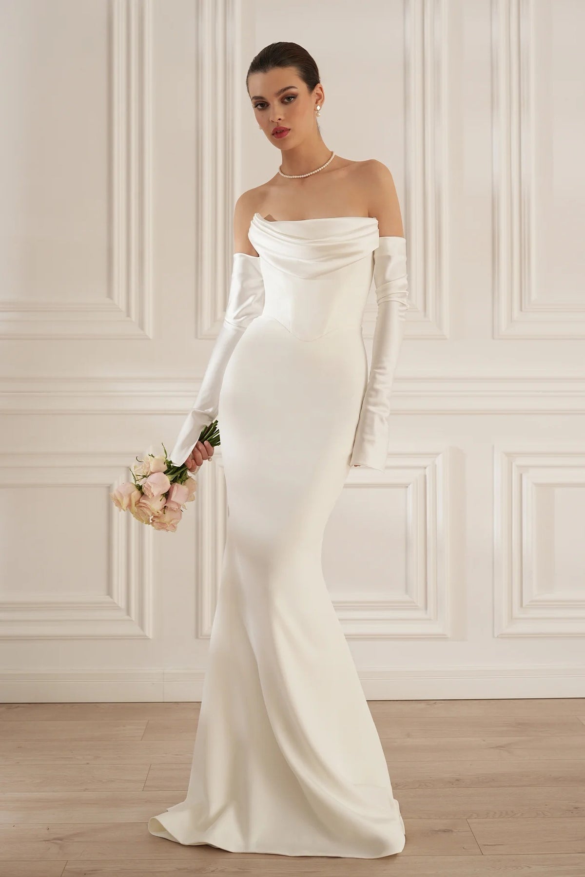 Radka Long Sleeve Strapless Draped Maxi Dress In White