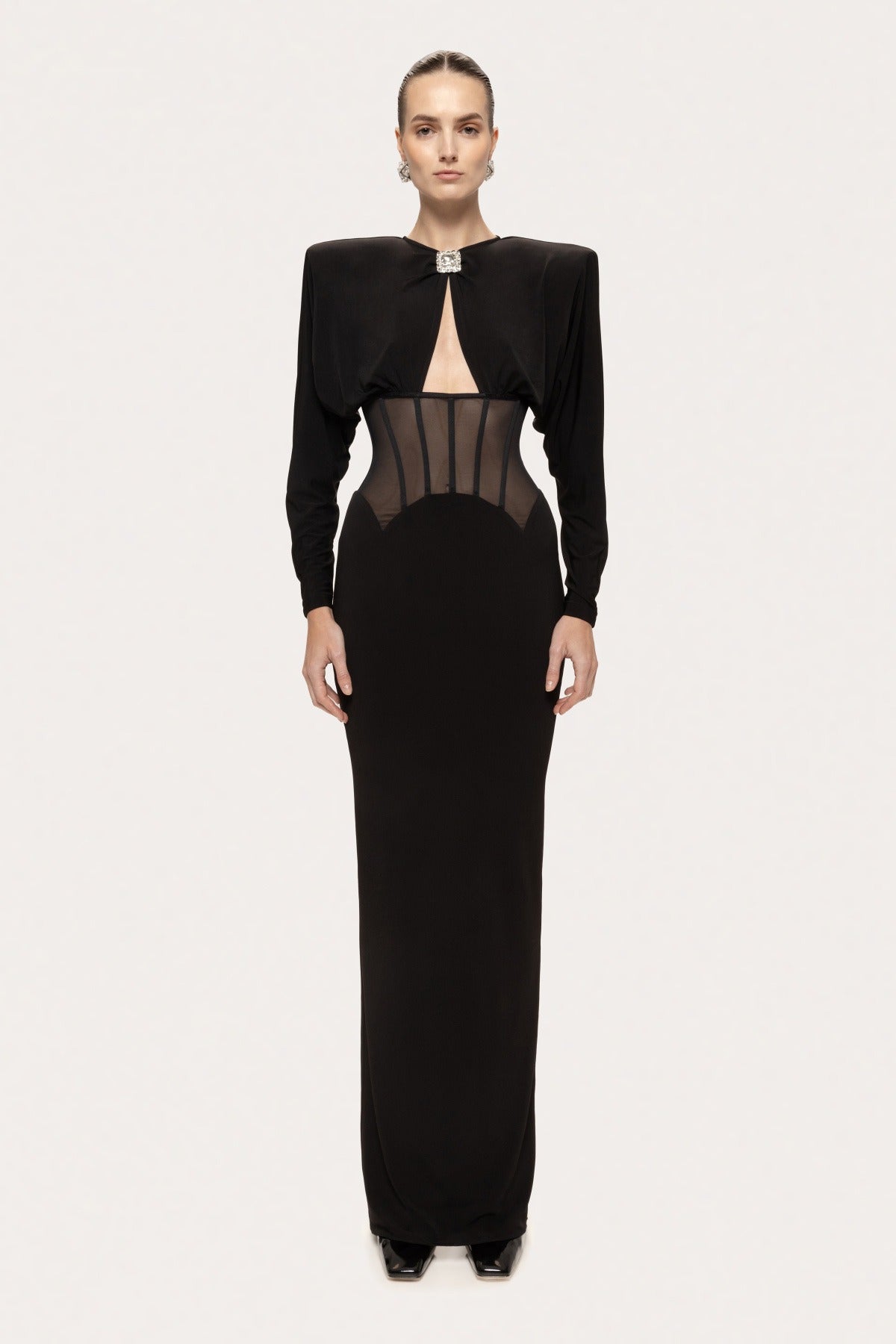 Burton Long Sleeve Structured Mesh Maxi Dress In Black