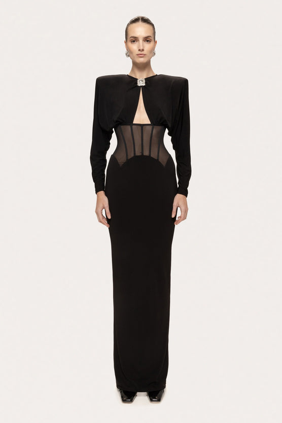 Burton Long Sleeve Structured Mesh Maxi Dress In Black