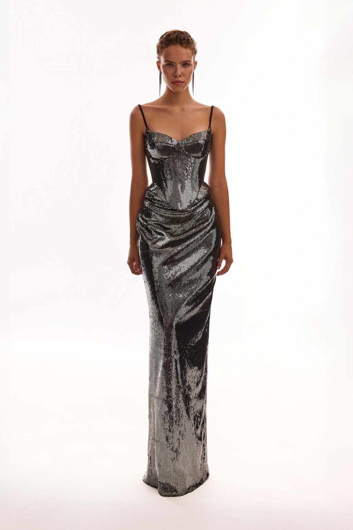 Branka Sequin Peplum Corset Maxi Dress In Silver