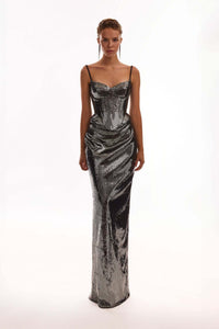 Branka Sequin Peplum Corset Maxi Dress In Silver
