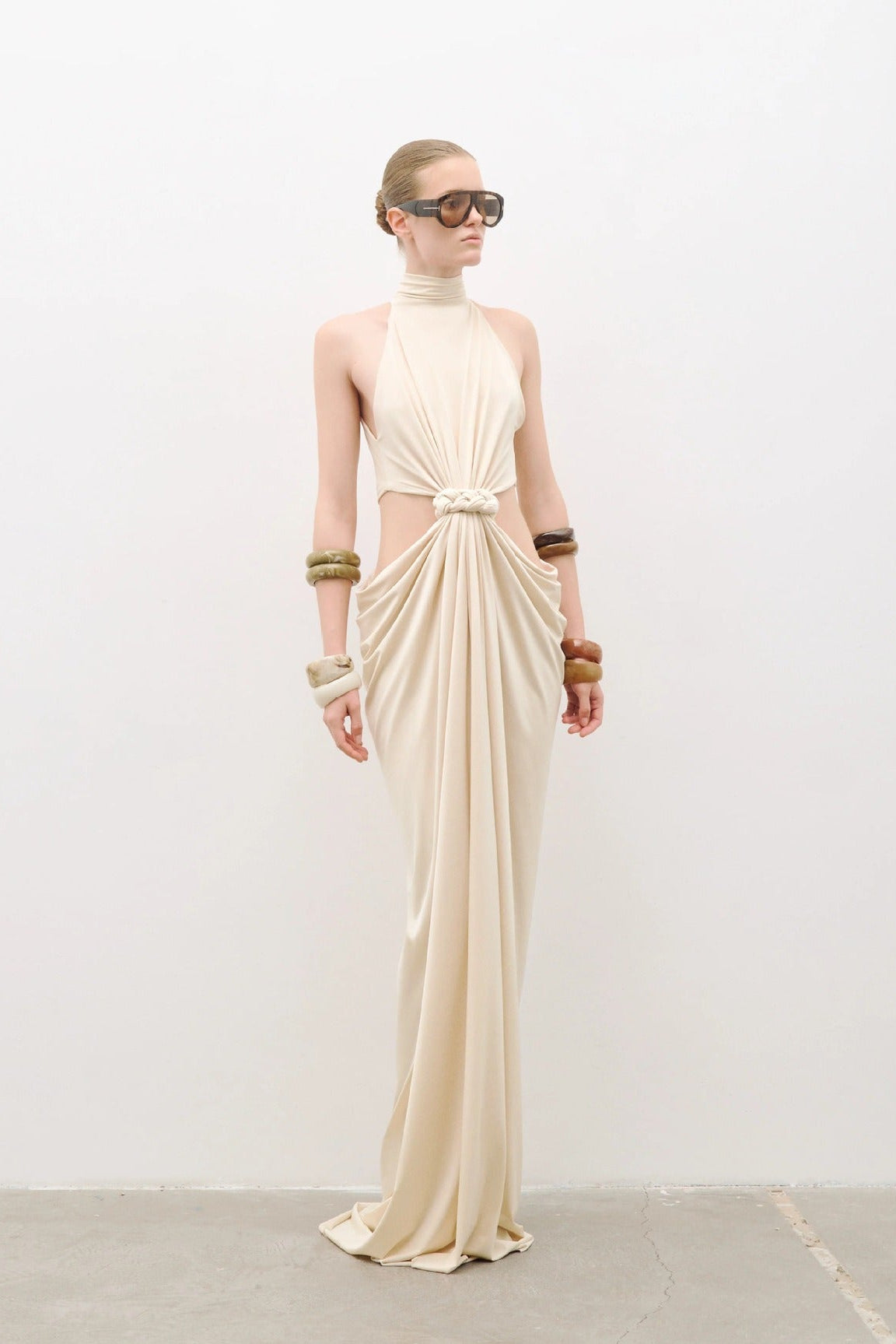 Emanar Draped Cutout Detail Maxi Dress In Ivory