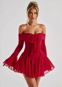 Jancis Long Sleeve Bardot A Line Dress In Red