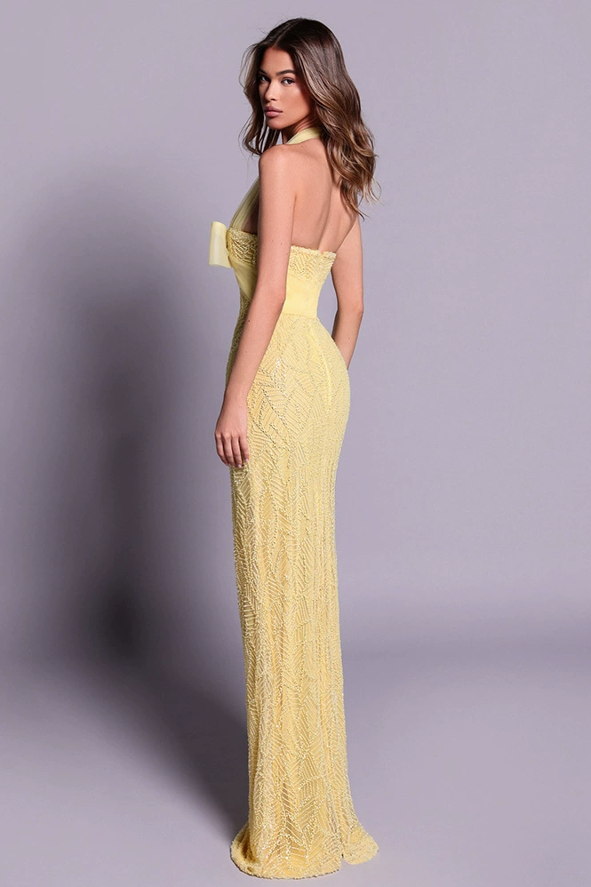 Grabena Halter Bow Detail Maxi Dress In Yellow