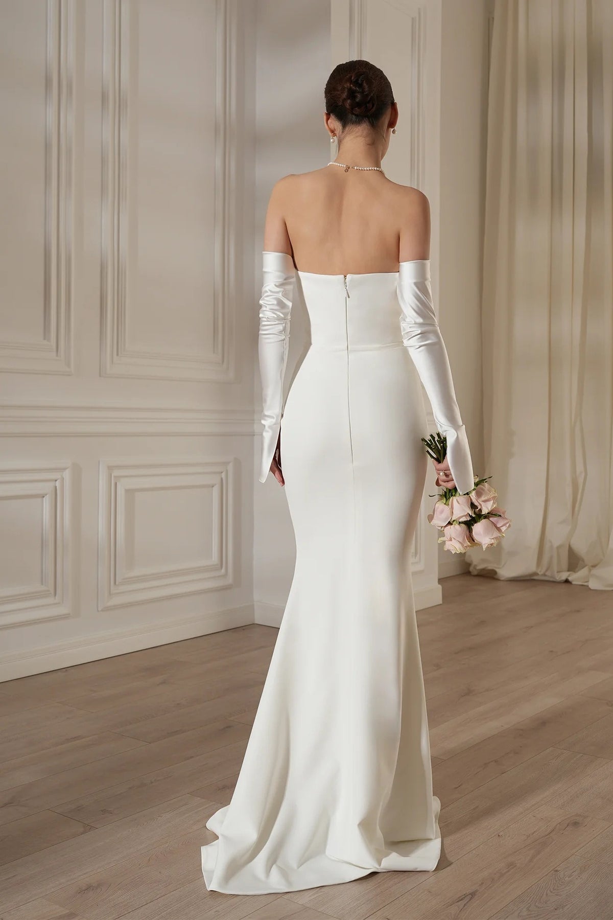 Radka Long Sleeve Strapless Draped Maxi Dress In White