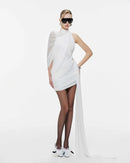 Dunia One Shoulder Asymmetric Draped Mini Dress In White