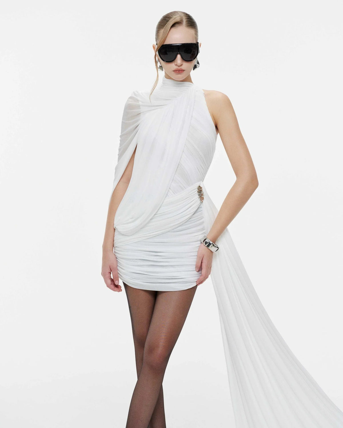 Dunia One Shoulder Asymmetric Draped Mini Dress In White