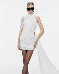 Dunia One Shoulder Asymmetric Draped Mini Dress In White