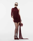 Dunia One Shoulder Asymmetric Draped Mini Dress In Wine