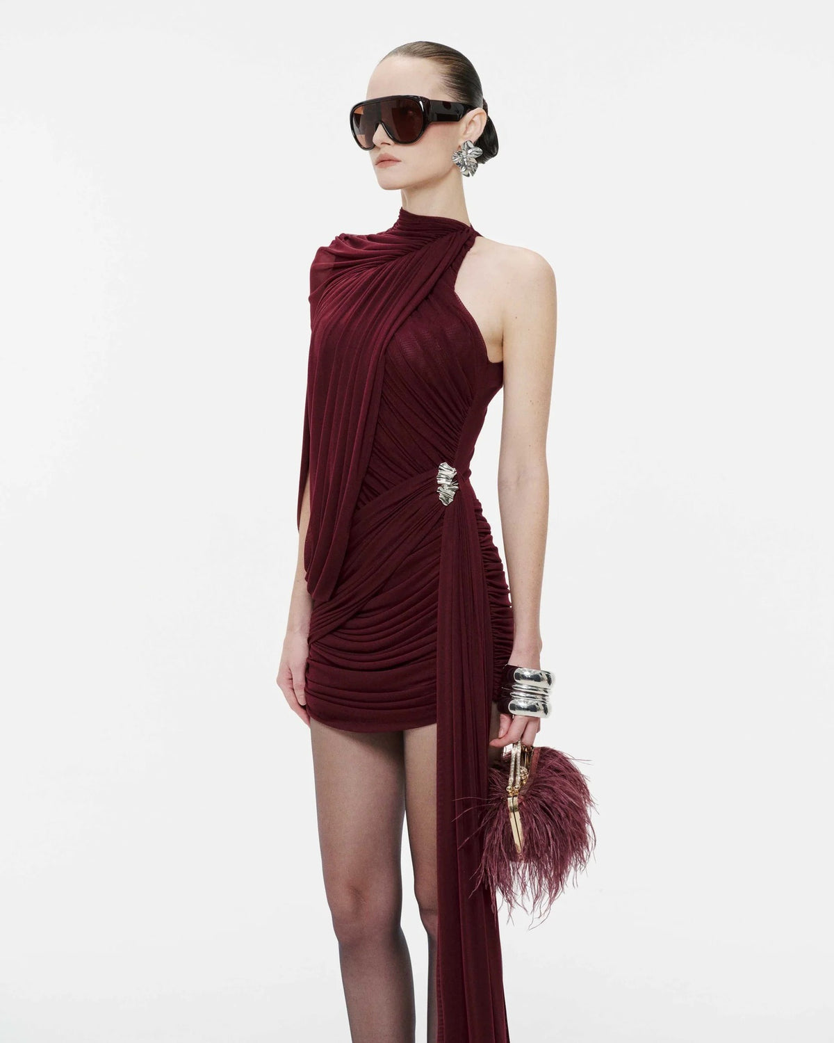 Dunia One Shoulder Asymmetric Draped Mini Dress In Wine