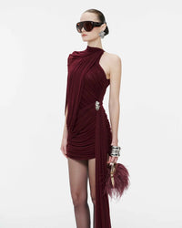 Dunia One Shoulder Asymmetric Draped Mini Dress In Wine