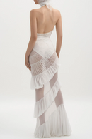 Rohak Halter Ruched Ruffle Maxi Dress In White