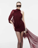Dunia One Shoulder Asymmetric Draped Mini Dress In Wine