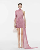 Dunia One Shoulder Asymmetric Draped Mini Dress In Pink