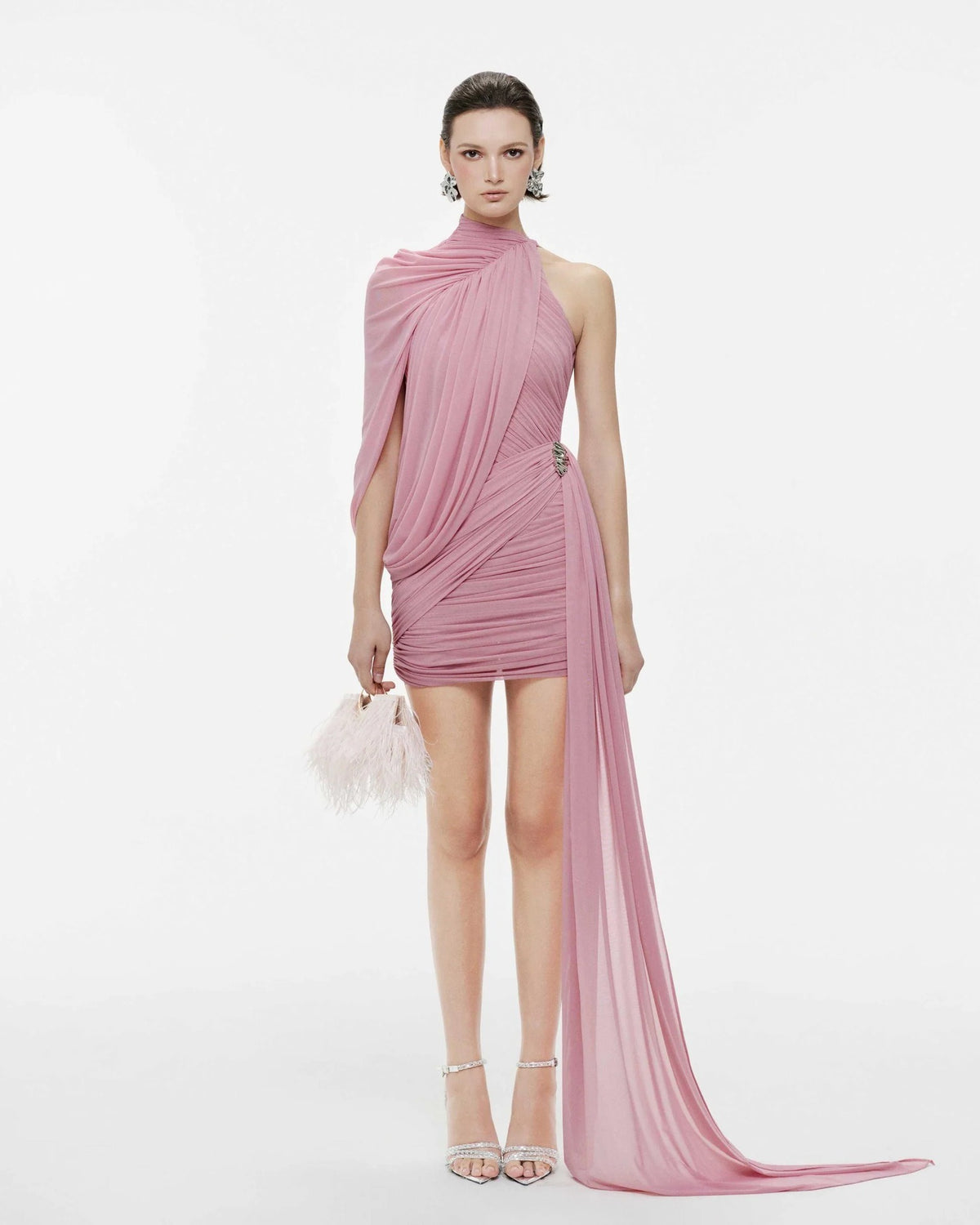 Dunia One Shoulder Asymmetric Draped Mini Dress In Pink