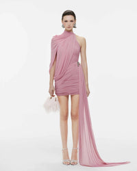 Dunia One Shoulder Asymmetric Draped Mini Dress In Pink
