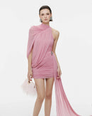 Dunia One Shoulder Asymmetric Draped Mini Dress In Pink