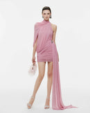 Dunia One Shoulder Asymmetric Draped Mini Dress In Pink