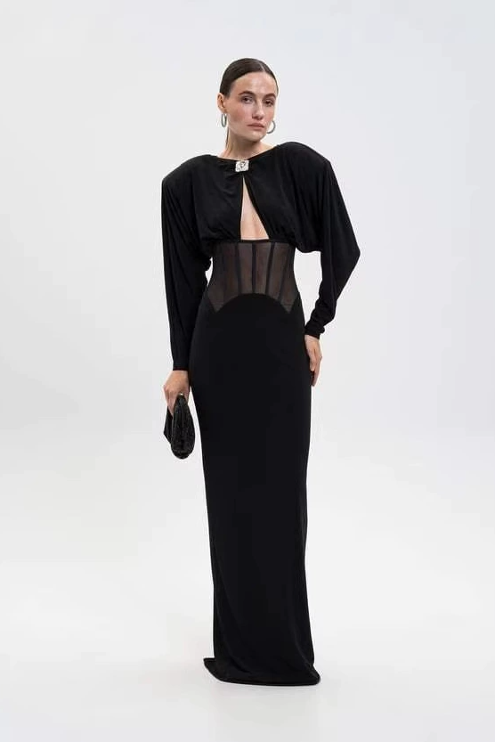 Burton Long Sleeve Structured Mesh Maxi Dress In Black