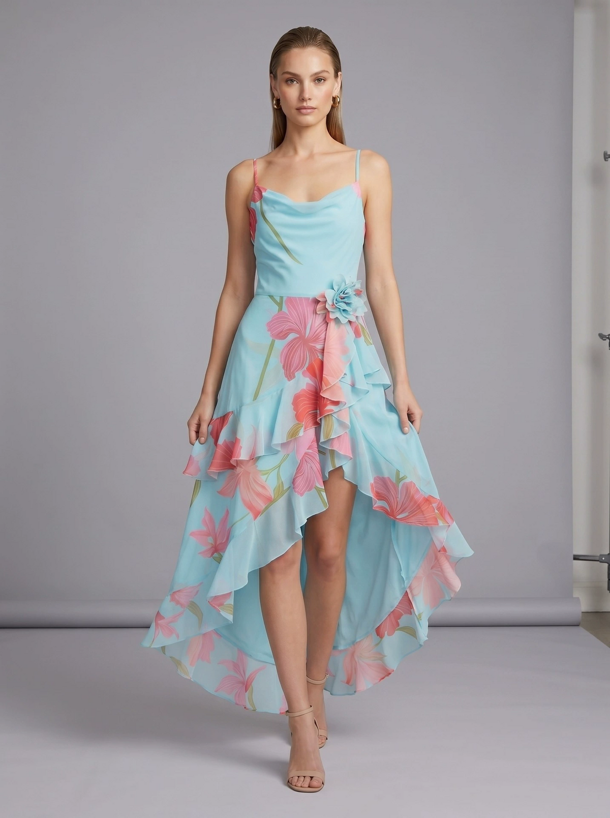 Ares Floral-Print Ruffled Silk Midi Dress In Light Blue