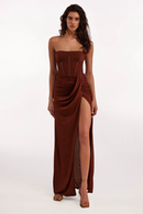 Tafari Strapless Ruched Maxi Dress In Brown