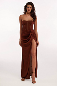 Tafari Strapless Ruched Maxi Dress In Brown