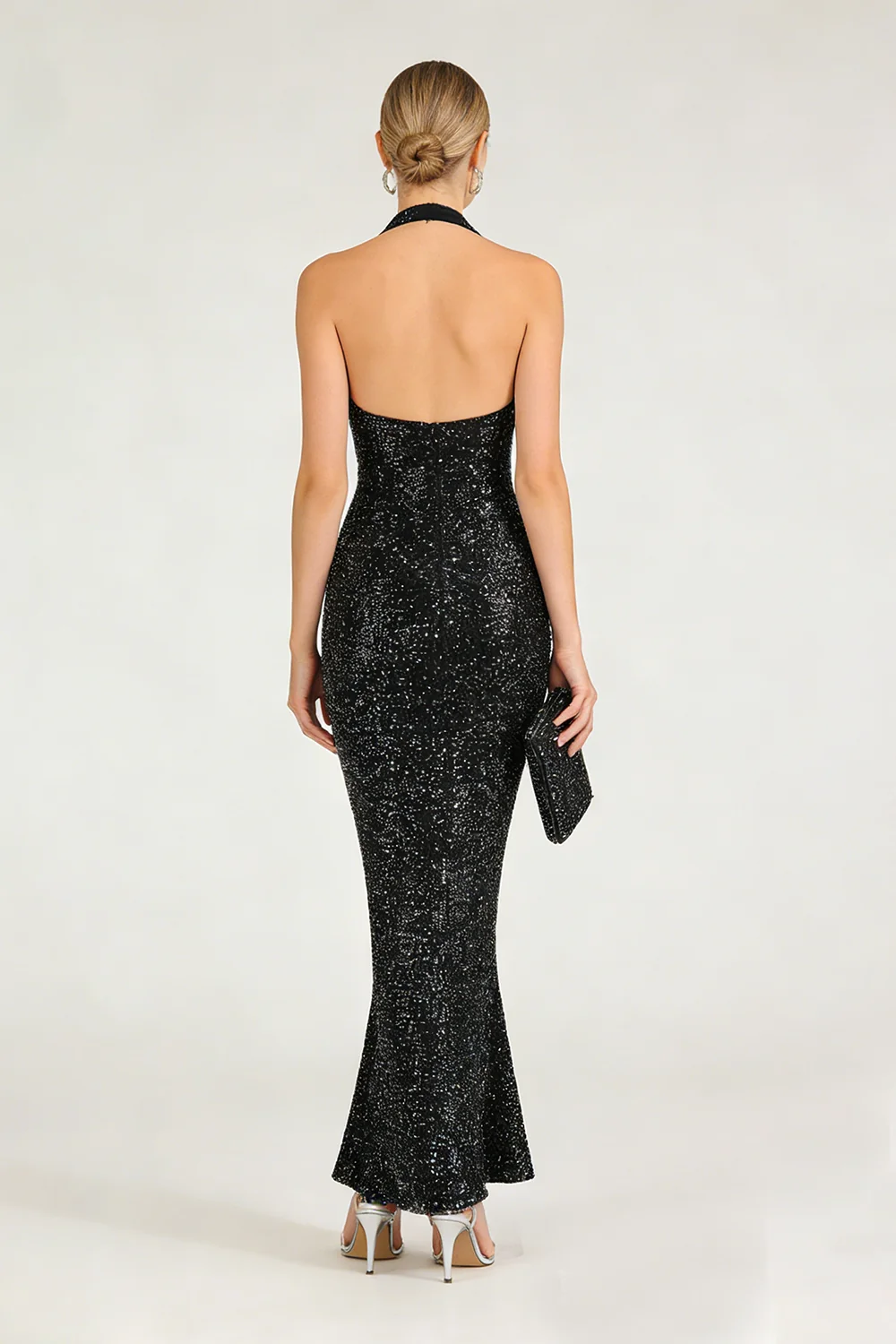 Barron Halter Sequin Embellished Gown In Black
