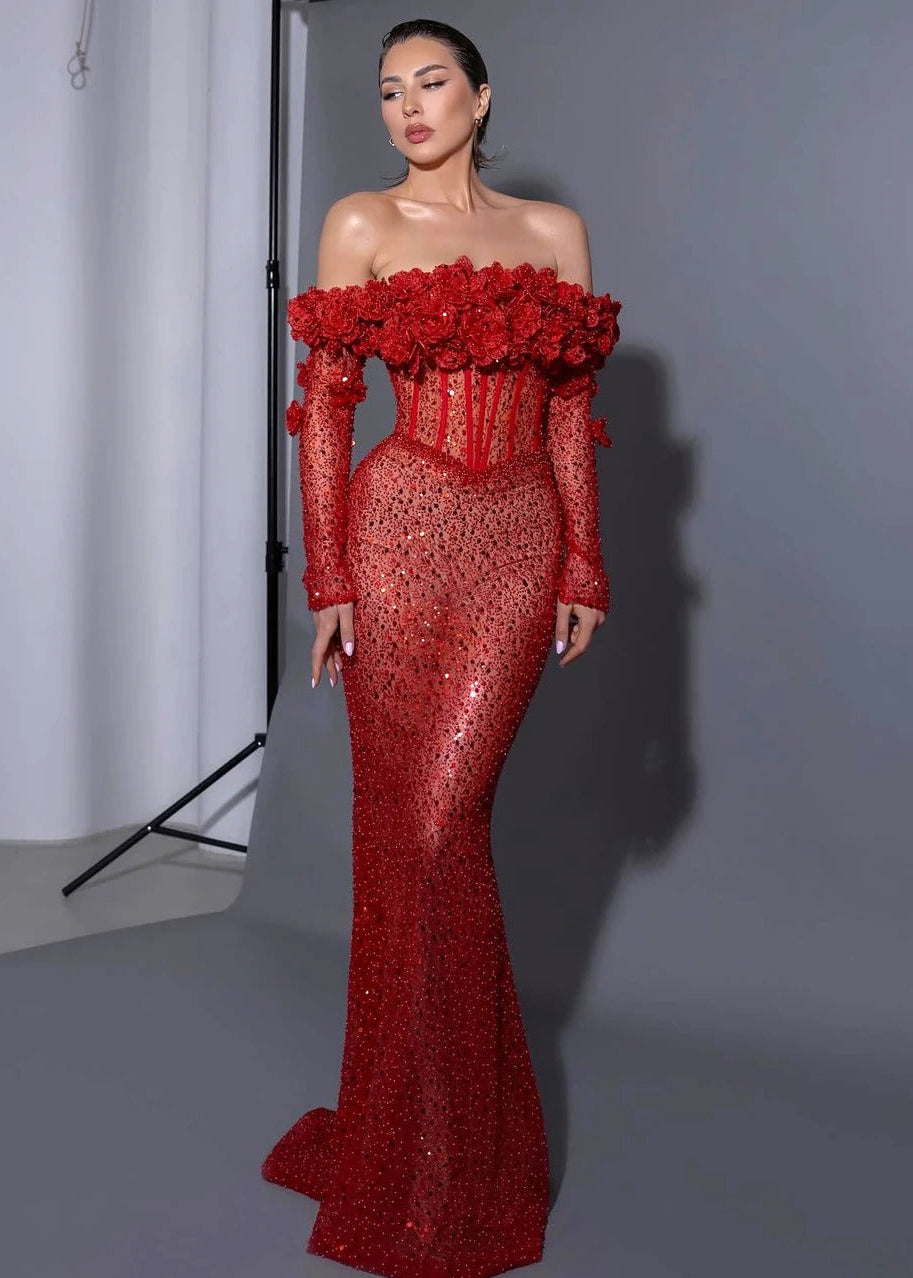 Panya Long Sleeve Floral Sequin Maxi Dress In Red