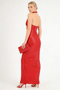 Barron Halter Sequin Embellished Gown In Red
