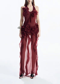Sylora Flower Backless Mesh Mini Dress In Red