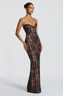 Vazrik Black Floral Lace Corset Maxi Dress