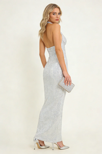 Barron Halter Sequin Embellished Gown In White