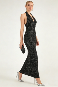 Barron Halter Sequin Embellished Gown In Black