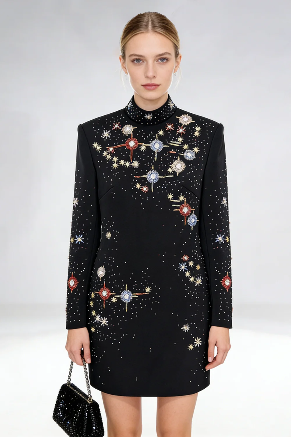 Nereus Long Sleeve Crystal Embellished Mini Dress In Black