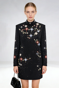 Nereus Long Sleeve Crystal Embellished Mini Dress In Black