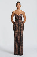 Vazrik Black Floral Lace Corset Maxi Dress